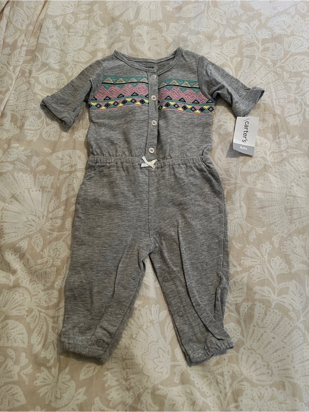 Carter's Gray Footed-Style One-Piece with Pink, Teal & Yellow Pattern